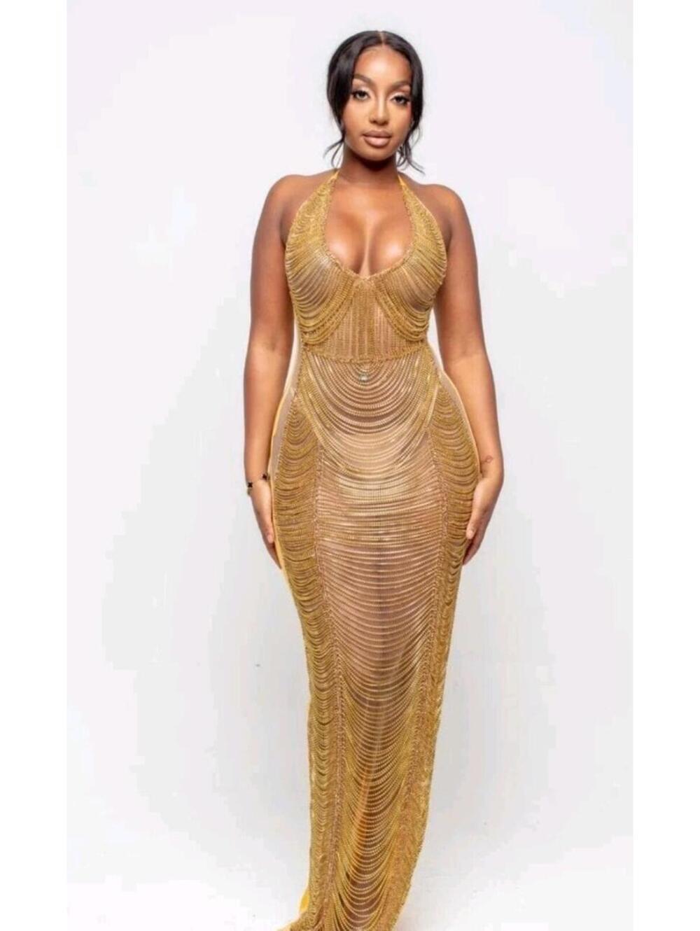 Von Amoure Gold Diamond Halterneck Maxi Dress Sheer Mesh NWT Size S Small Glam
